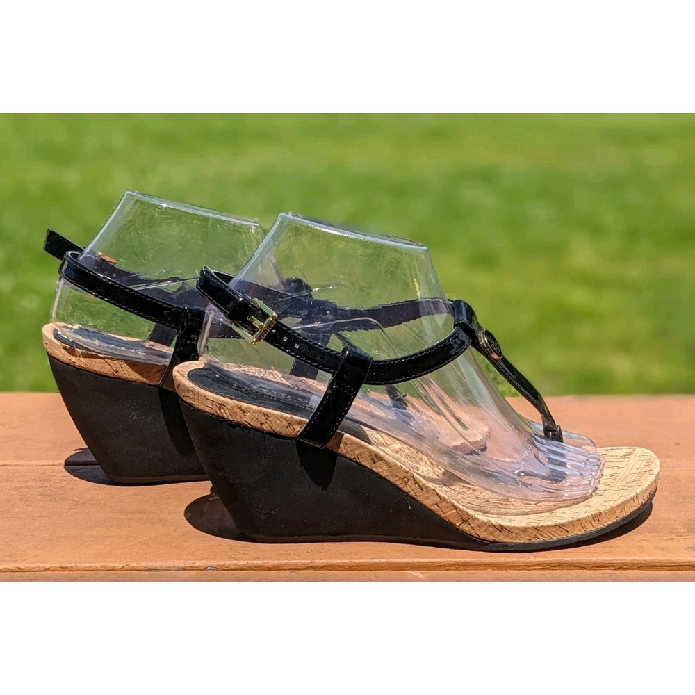 Lauren Ralph Lauren Reeta Buckle T-Strap Cork Wedge Sandals Womens 9B Black Tan